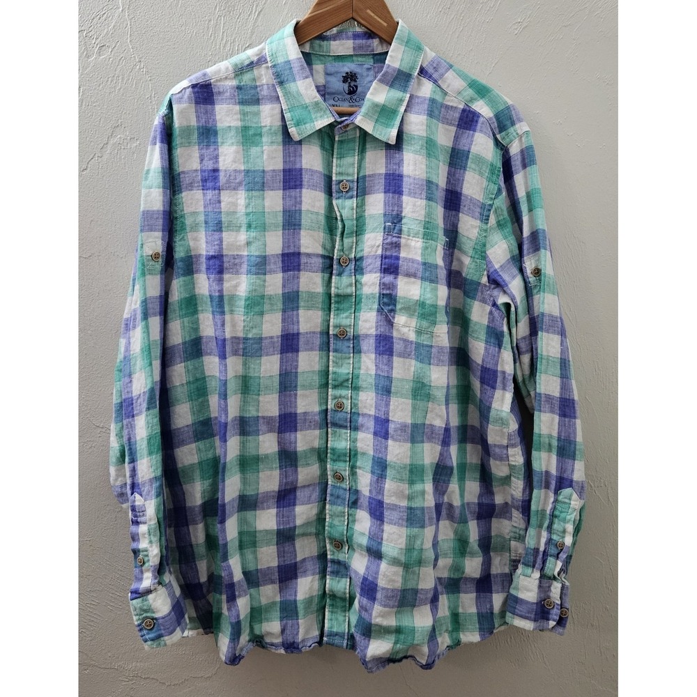 Ocean & Coast Men Size XL 100% Linen Roll Tab Long Sleeve Shirt Blue Green Plaid